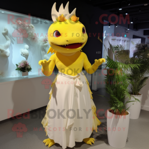Yellow Axolotls mascot costume character dressed with a Wedding Dress and Bracelets