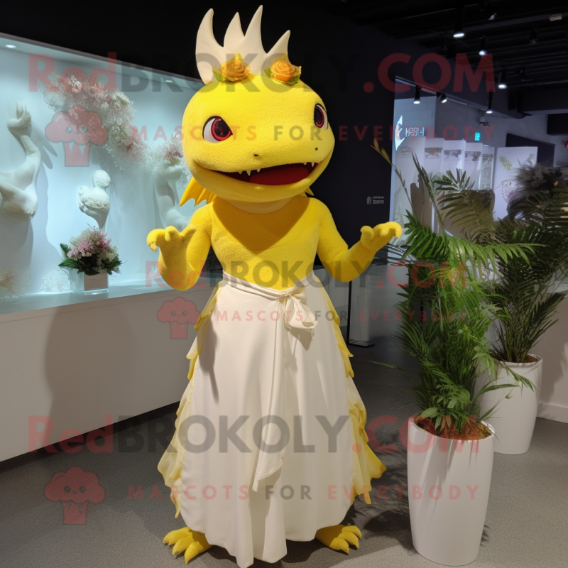 Yellow Axolotls mascot costume character dressed with a Wedding Dress and Bracelets Yellow Axolotls mascot costume character dressed with a Wedding Dress and Bracelets