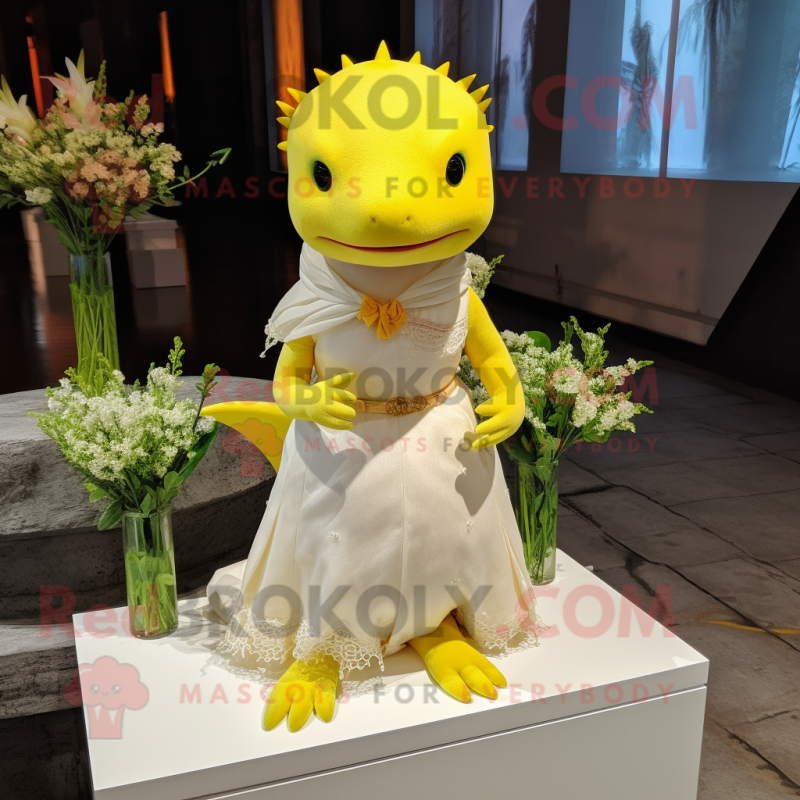 Yellow Axolotls mascot costume character dressed with a Wedding Dress and Bracelets