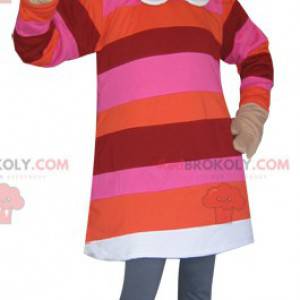 Mascot chica rubia vestida con un vestido de rayas -