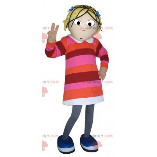 Mascot chica rubia vestida con un vestido de rayas -