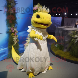 Yellow Axolotls mascot costume character dressed with a Wedding Dress and Bracelets