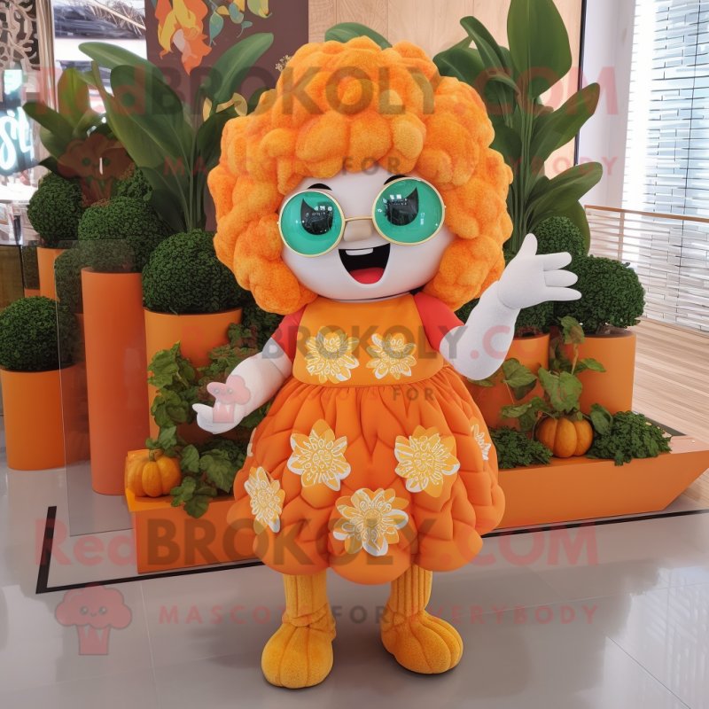 Orange Cauliflower mascot costume character dressed with a Midi Dress and Bracelets