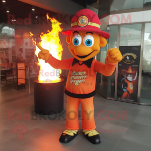 Orange Fire Eater mascot costume character dressed with a Graphic Tee and Caps