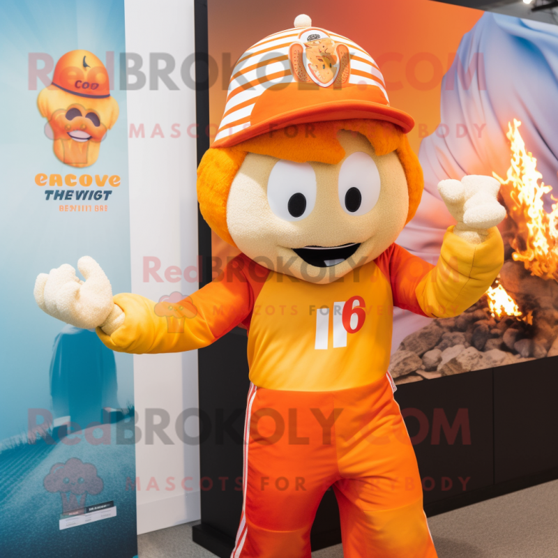 Orange Fire Eater mascot costume character dressed with a Graphic Tee and Caps