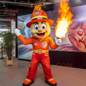 Orange Fire Eater mascot costume character dressed with a Graphic Tee and Caps