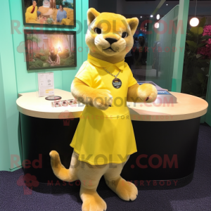 Lemon Yellow Jaguarundi mascot costume character dressed with a Mini Skirt and Cufflinks