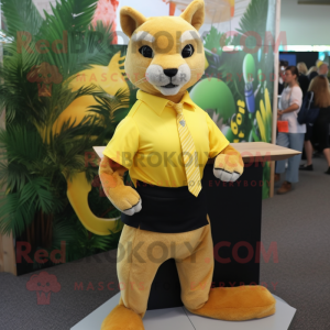 Lemon Yellow Jaguarundi mascot costume character dressed with a Mini Skirt and Cufflinks