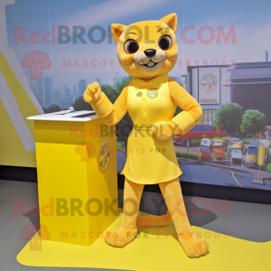 Lemon Yellow Jaguarundi mascot costume character dressed with a Mini Skirt and Cufflinks