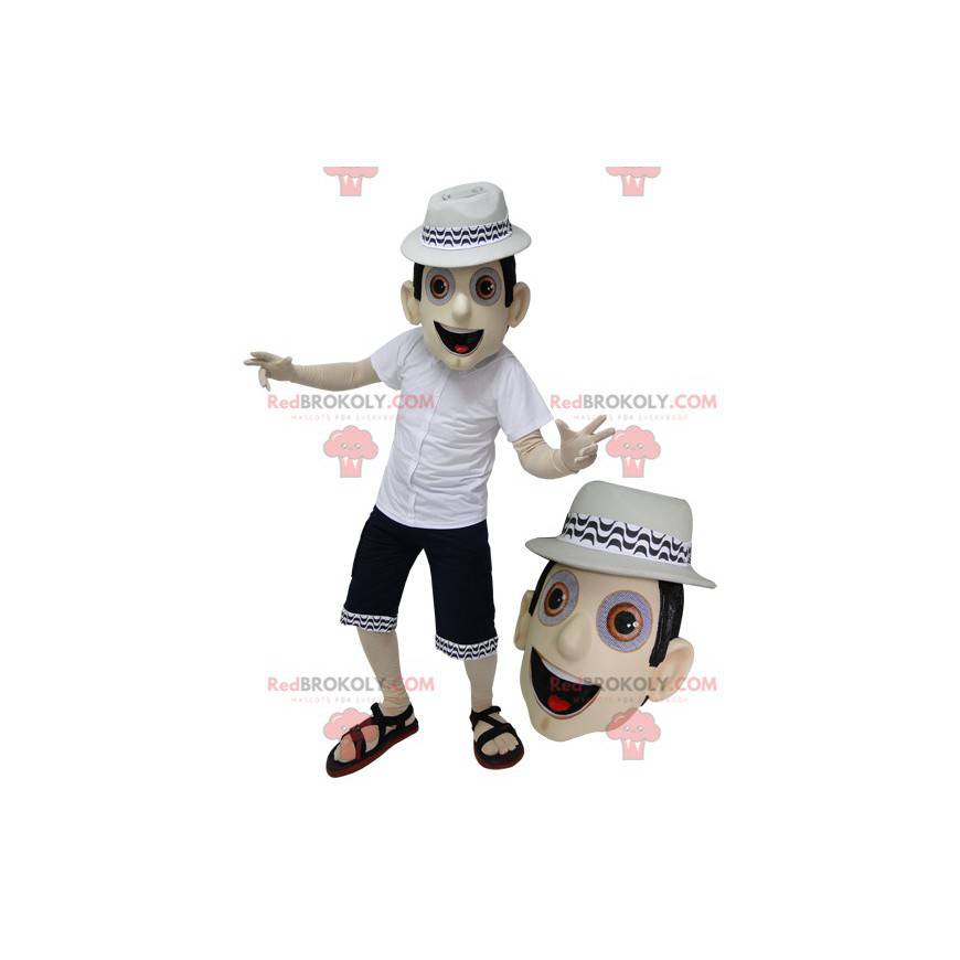 Mascotte man in zomeroutfit met sandalen en hoed -