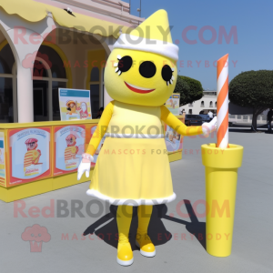 Lemon Yellow Ice Cream mascot costume character dressed with a Pencil Skirt and Bracelets