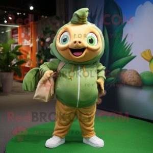 Olive Goldfish mascot costume character dressed with a Joggers and Handbags