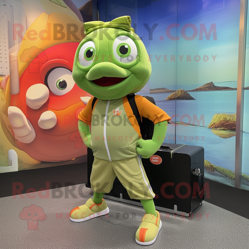 Olive Goldfish mascot costume character dressed with a Joggers and Handbags