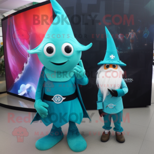 Teal Wizard mascot costume character dressed with a Mini Dress and Messenger bags