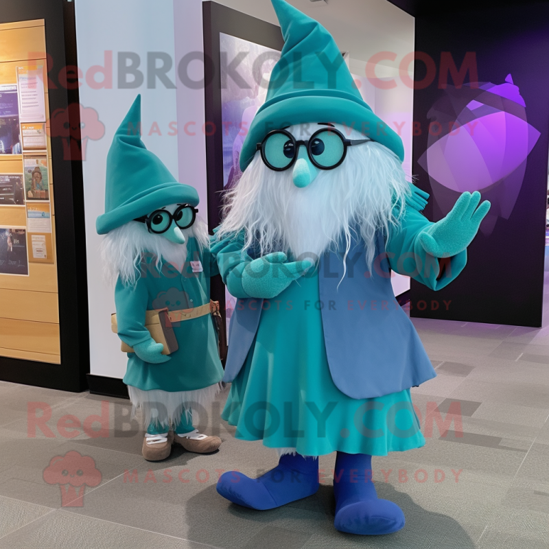 Teal Wizard mascot costume character dressed with a Mini Dress and Messenger bags