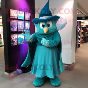 Teal Wizard mascot costume character dressed with a Mini Dress and Messenger bags