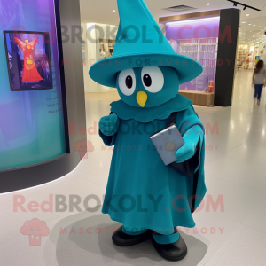 Teal Wizard mascot costume character dressed with a Mini Dress and Messenger bags