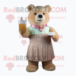Tan Teddy Bear mascot costume character dressed with a Cocktail Dress and Scarves