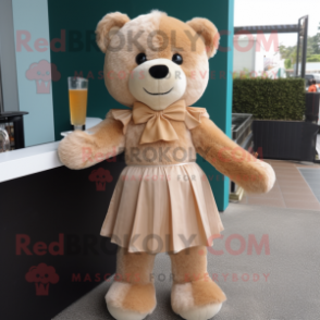 Tan Teddy Bear mascot costume character dressed with a Cocktail Dress and Scarves