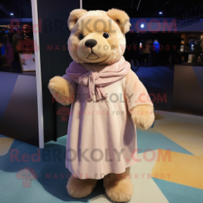 Tan Teddy Bear mascot costume character dressed with a Cocktail Dress and Scarves