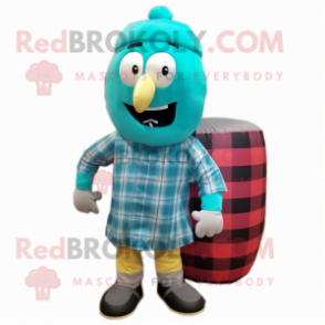 Turquoise Human Cannon Ball mascot costume character dressed with a Flannel Shirt and Clutch bags