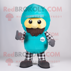 Turquoise Human Cannon Ball mascot costume character dressed with a Flannel Shirt and Clutch bags