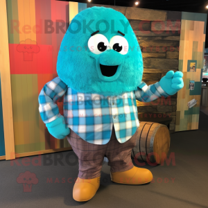 Turquoise Human Cannon Ball mascot costume character dressed with a Flannel Shirt and Clutch bags