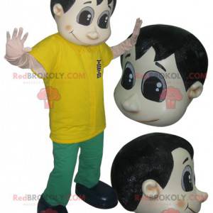 Homem mascote vestido de verde e amarelo - Redbrokoly.com