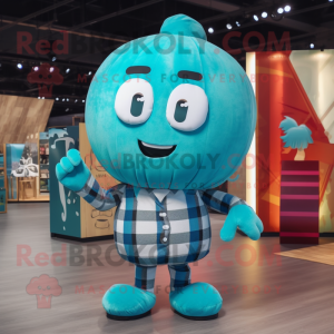 Turquoise Human Cannon Ball mascot costume character dressed with a Flannel Shirt and Clutch bags