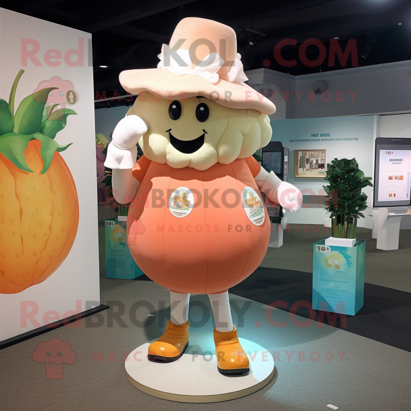 Peach Cauliflower mascot costume character dressed with a Romper and Hat pins Peach Cauliflower mascot costume character dressed with a Romper and Hat pins