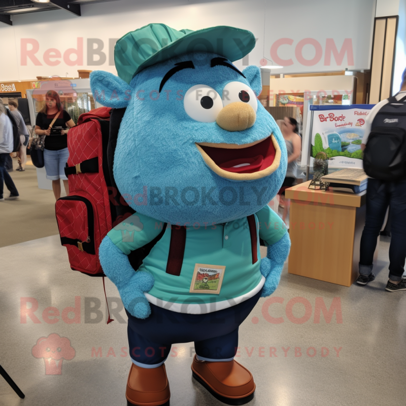 Teal Pulled Pork Sandwich mascot costume character dressed with a Button-Up Shirt and Backpacks Teal Pulled Pork Sandwich mascot costume character dressed with a Button-Up Shirt and Backpacks
