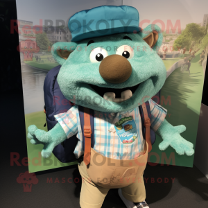 Teal Pulled Pork Sandwich mascot costume character dressed with a Button-Up Shirt and Backpacks