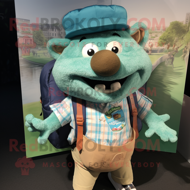 Teal Pulled Pork Sandwich mascot costume character dressed with a Button-Up Shirt and Backpacks Teal Pulled Pork Sandwich mascot costume character dressed with a Button-Up Shirt and Backpacks