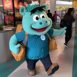 Teal Pulled Pork Sandwich mascot costume character dressed with a Button-Up Shirt and Backpacks