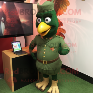 Forest Green Tandoori Chicken mascot costume character dressed with a Chinos and Tie pins