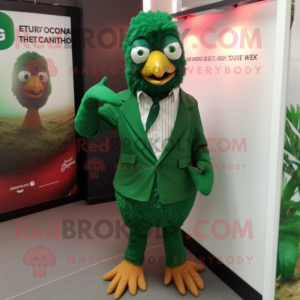 Forest Green Tandoori Chicken mascot costume character dressed with a Chinos and Tie pins