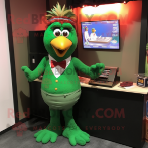 Forest Green Tandoori Chicken mascot costume character dressed with a Chinos and Tie pins