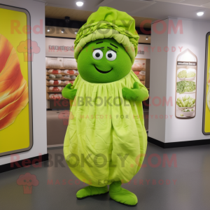 Lime Green Cabbage mascot costume character dressed with a Wrap Dress and Beanies