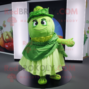 Lime Green Cabbage mascot costume character dressed with a Wrap Dress and Beanies