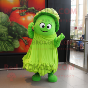 Lime Green Cabbage mascot costume character dressed with a Wrap Dress and Beanies