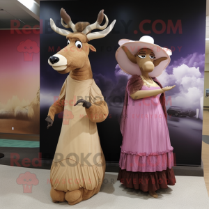 Tan Elk mascot costume character dressed with a Evening Gown and Hats