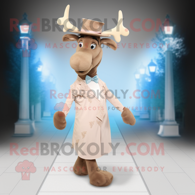 Tan Elk mascot costume character dressed with a Evening Gown and Hats