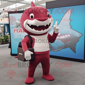 Maroon Shark mascot costume character dressed with a Rash Guard and Briefcases