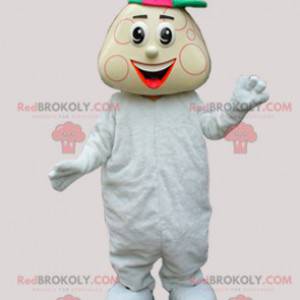 Baby boy maskot i hvite babygros og en hette - Redbrokoly.com