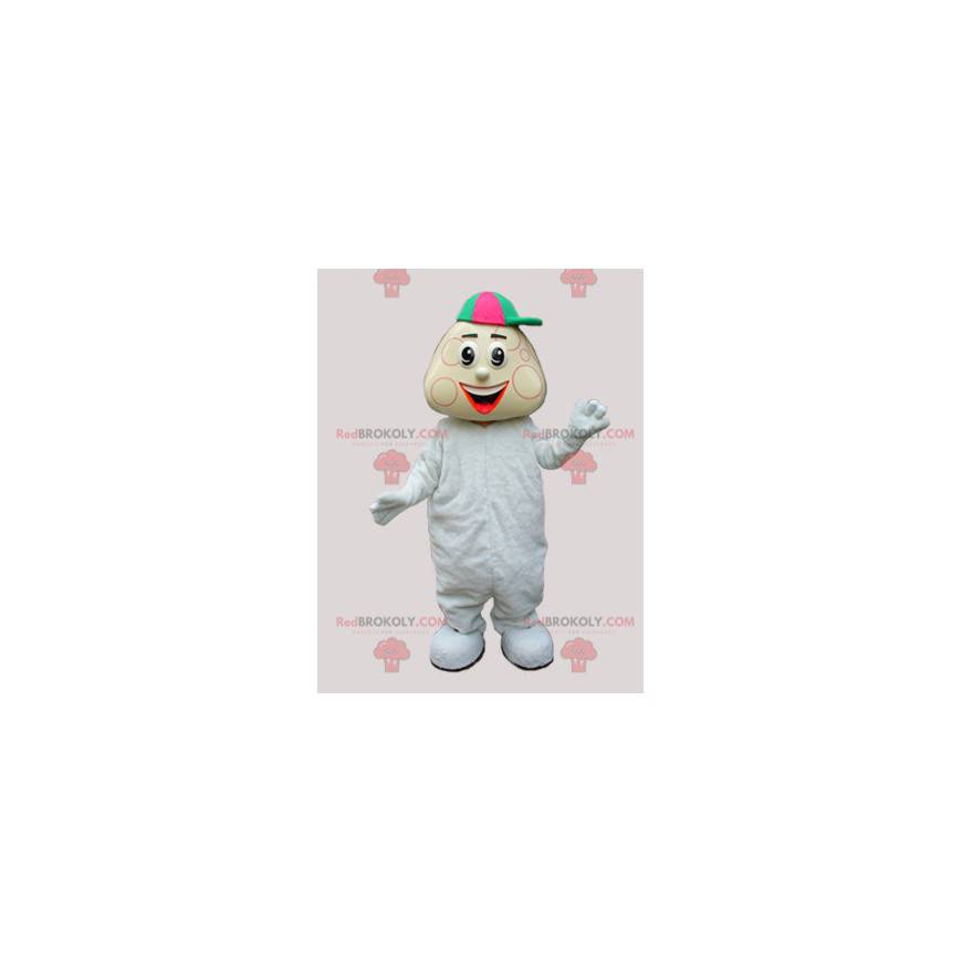 Baby boy mascot in white babygros and a cap - Redbrokoly.com