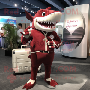 Maroon Shark mascot costume character dressed with a Rash Guard and Briefcases