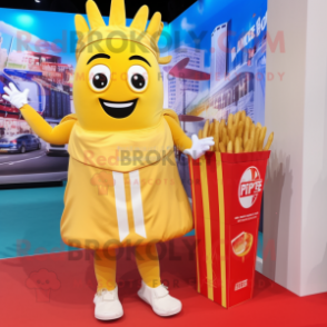 nan French Fries mascot costume character dressed with a Playsuit and Messenger bags