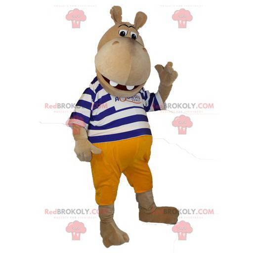 Mascote hipopótamo marrom em suéter listrado - Redbrokoly.com