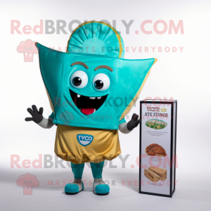 Turquoise Tacos mascot costume character dressed with a V-Neck Tee and Wallets