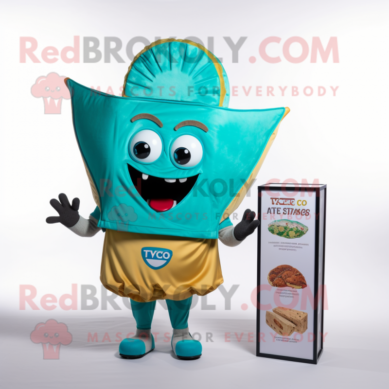 Turquoise Tacos mascot costume character dressed with a V-Neck Tee and Wallets Turquoise Tacos mascot costume character dressed with a V-Neck Tee and Wallets